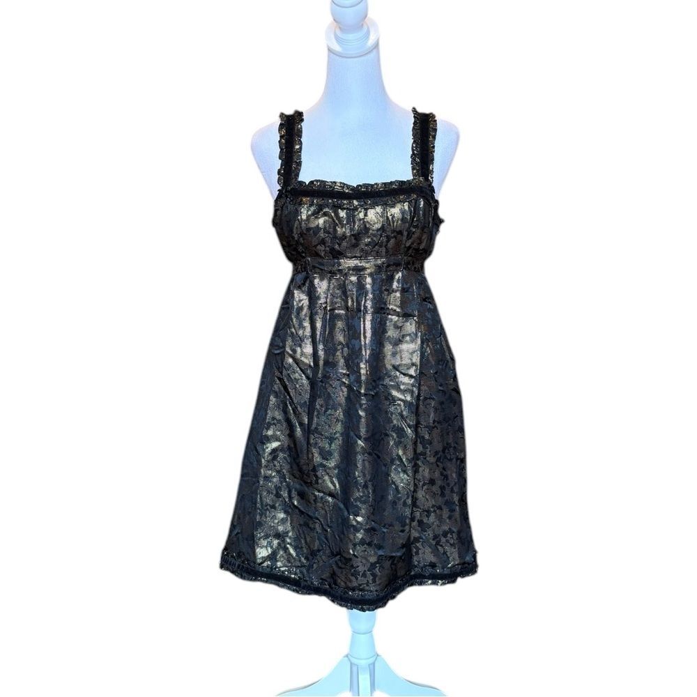 Betsey Johnson Evening Dress Black Gold Silk Metallic Velvet Trim Belt Size 8